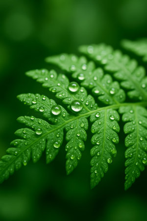 A close-up view of green fern leaves adorned with glistening water dropletsの素材