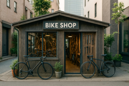 A quaint bike shop featuring black bicycles parked outside in a cozy urban settingの素材