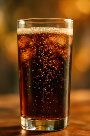 A glass of soda filled with ice and bubbles against a warm, blurred backgroundの素材