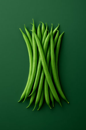 A vibrant display of fresh green beans against a matching green backdropの素材