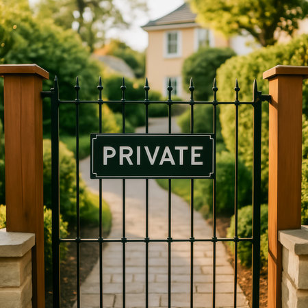 A private gate with a clear sign, guiding towards a scenic garden pathway and homeの素材