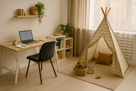 A cozy children's playroom featuring a playful teepee tent and a study deskの素材