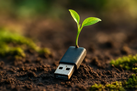 A usb drive with a small green plant sprouting from the top in soilの素材