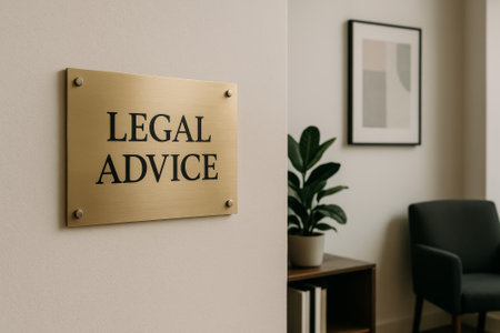 A stylish sign reading legal advice in a contemporary office space featuring plantsの素材