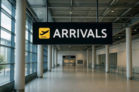 A contemporary airport sign indicating arrivals, featuring large lettering and a minimalistic designの素材