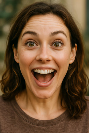 A young woman smiling joyfully with a wide-open mouth in an outdoor settingの素材