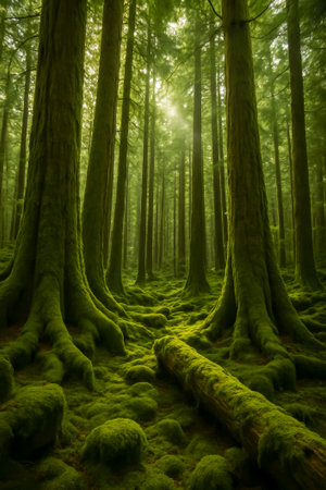 A serene forest scene featuring tall trees and moss-covered ground illuminated by gentle sunlightの素材