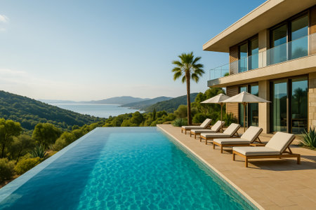 A stunning modern villa features an infinity pool with breathtaking ocean and mountain viewsの素材