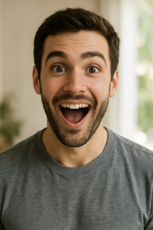 A young man smiling widely with excitement, captured indoors in a cozy settingの素材
