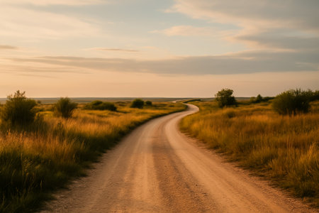 A scenic winding dirt road surrounded by tall grass and trees during a beautiful sunsetの素材
