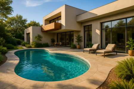 A sleek modern house features a beautiful swimming pool and relaxing lounge chairs outdoorsの素材