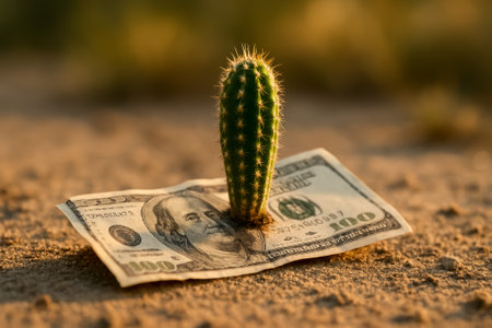 A cactus emerges from a hundred dollar bill placed on sandy terrain, symbolizing resilienceの素材