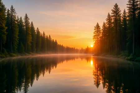 A beautiful sunset reflecting on a calm lake with mist and towering pine treesの素材