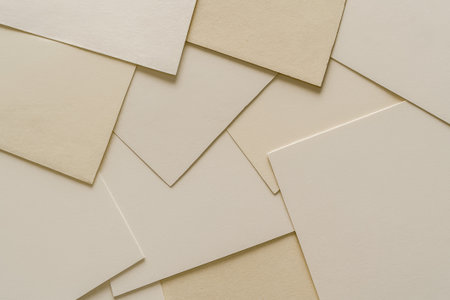 A collection of textured paper sheets in shades of beige and cream layered togetherの素材