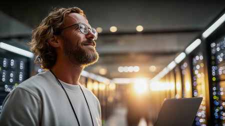 A man with glasses and a beard smiles in a data center while holding a laptopの素材