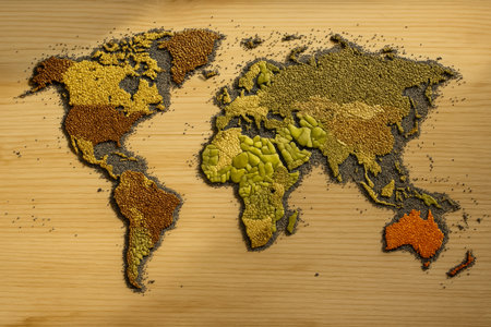 A detailed world map artfully made using seeds, showcasing natural colors on woodの素材