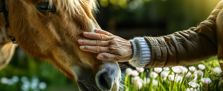 An elderly person's hand gently touching a horse's nose among blooming flowers in natureの素材