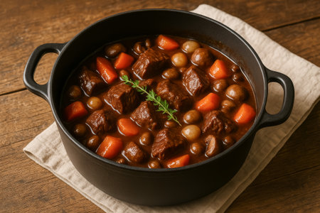 A hearty beef stew with carrots, mushrooms, and herbs served in a cast iron potの素材