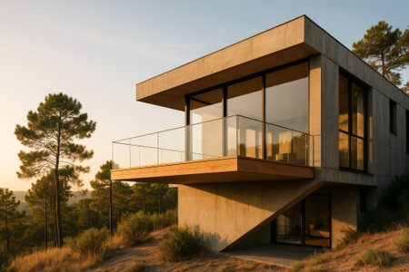 A contemporary concrete house with large windows surrounded by trees and nature at sunsetの素材