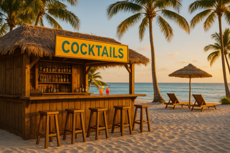 A tropical beach cocktails bar with palm trees and sunset in the backgroundの素材