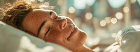 A young woman with freckles smiles peacefully in bed with soft morning sunlight illuminating her faceの素材