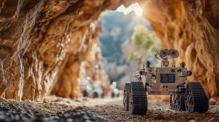 A miniature robotic rover navigates through a rocky cave, showcasing technological innovation in explorationの素材
