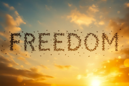 The word freedom formed by flocks of birds against a golden sunset backdropの素材