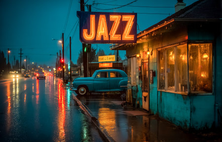 An old jazz bar with a glowing sign stands out on a rainy street at nightの素材
