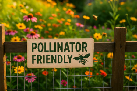 A wooden sign reading pollinator friendly stands in a colorful flower gardenの素材
