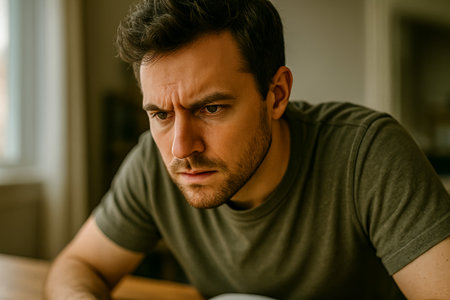 A young man with a serious expression examines a paper document while sitting indoorsの素材