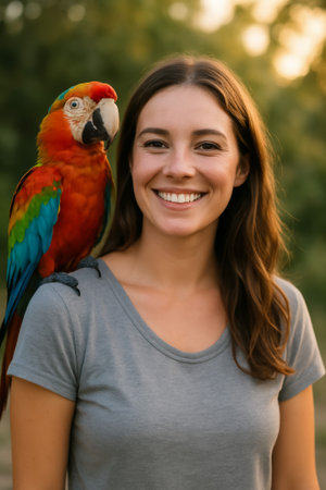 A young woman smiles joyfully as a colorful parrot perches on her shoulder outdoorsの素材