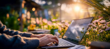A person typing on a laptop in a sunny garden filled with blooming flowersの素材