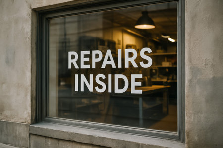 A clear sign reading repairs inside displayed on a shop window showing interior workspaceの素材