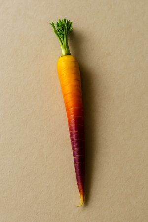 A vibrant multi-colored carrot showing orange and purple hues against a beige backdropの素材
