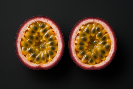 Halved passion fruit showcases its bright yellow pulp and dark seeds against a black backdropの素材