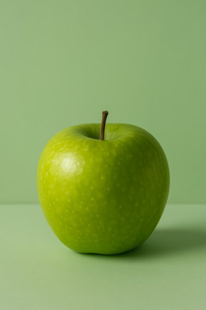 A vibrant green apple displayed against a soft pastel green backdrop, highlighting freshnessの素材