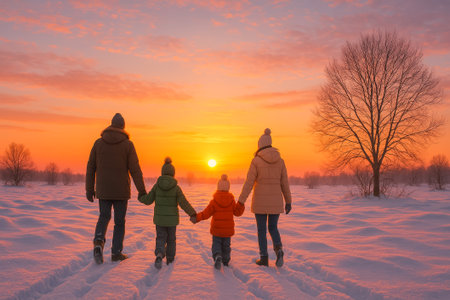 A family of four walks hand in hand across the snow during a beautiful sunsetの素材