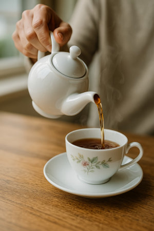 A hand pours steaming tea from a white teapot into a delicate cupの素材