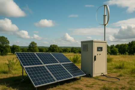 Solar panels and a wind turbine generator surrounded by lush green fields and blue skiesの素材