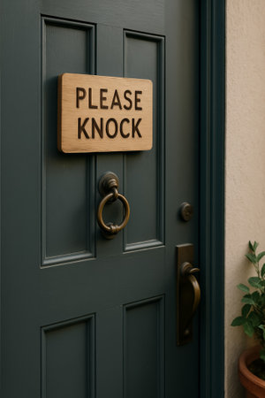 A stylish door featuring a wooden sign that says 'please knock' accentuates the entranceの素材