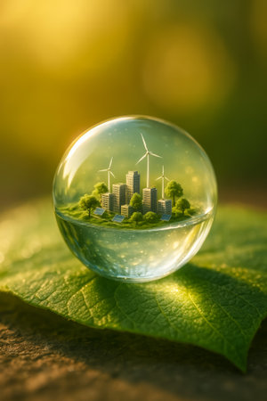A vibrant miniature city with wind turbines inside a glass orb resting on a leafの素材