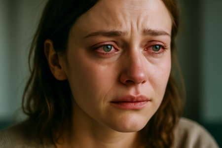 A close-up photo of a young woman expressing deep sadness with tears in her eyesの素材