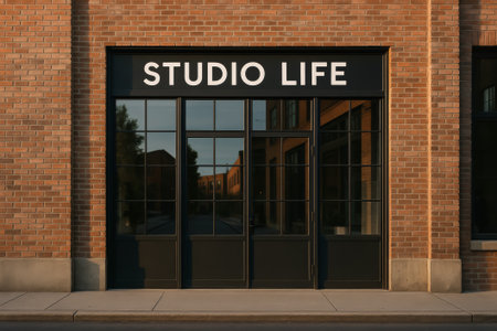 A stylish studio entrance featuring a large sign and brick exterior in warm lightingの素材