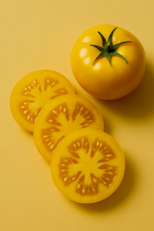 A fresh yellow tomato with sliced pieces displayed on a vibrant yellow backgroundの素材