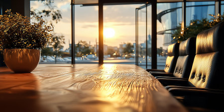 An elegant office interior showing a sunset view with a wooden table and chairsの素材