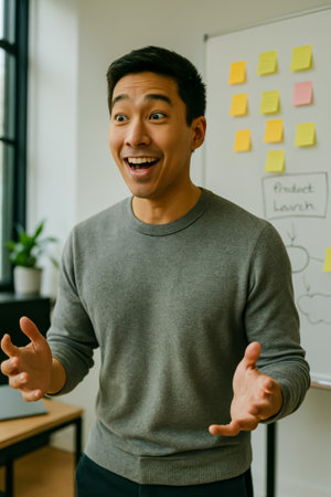 A young man enthusiastically sharing ideas in a collaborative meeting environmentの素材