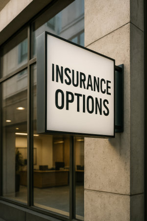 A clear view of an insurance options sign near a modern office entrance with windowsの素材