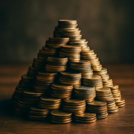 A pyramid created from neatly stacked coins, symbolizing financial growth and prosperityの素材