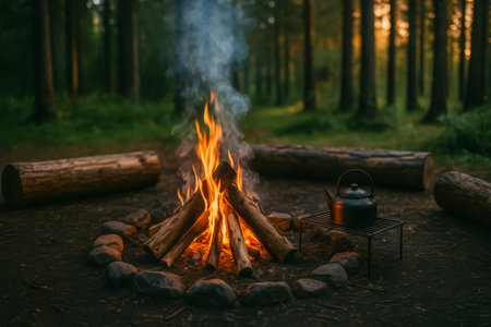A warm campfire with flames, logs, and a kettle in a serene forest at duskの素材