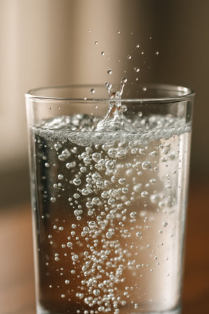 A clear glass filled with sparkling water shows casing bubbles and splashes at the surfaceの素材